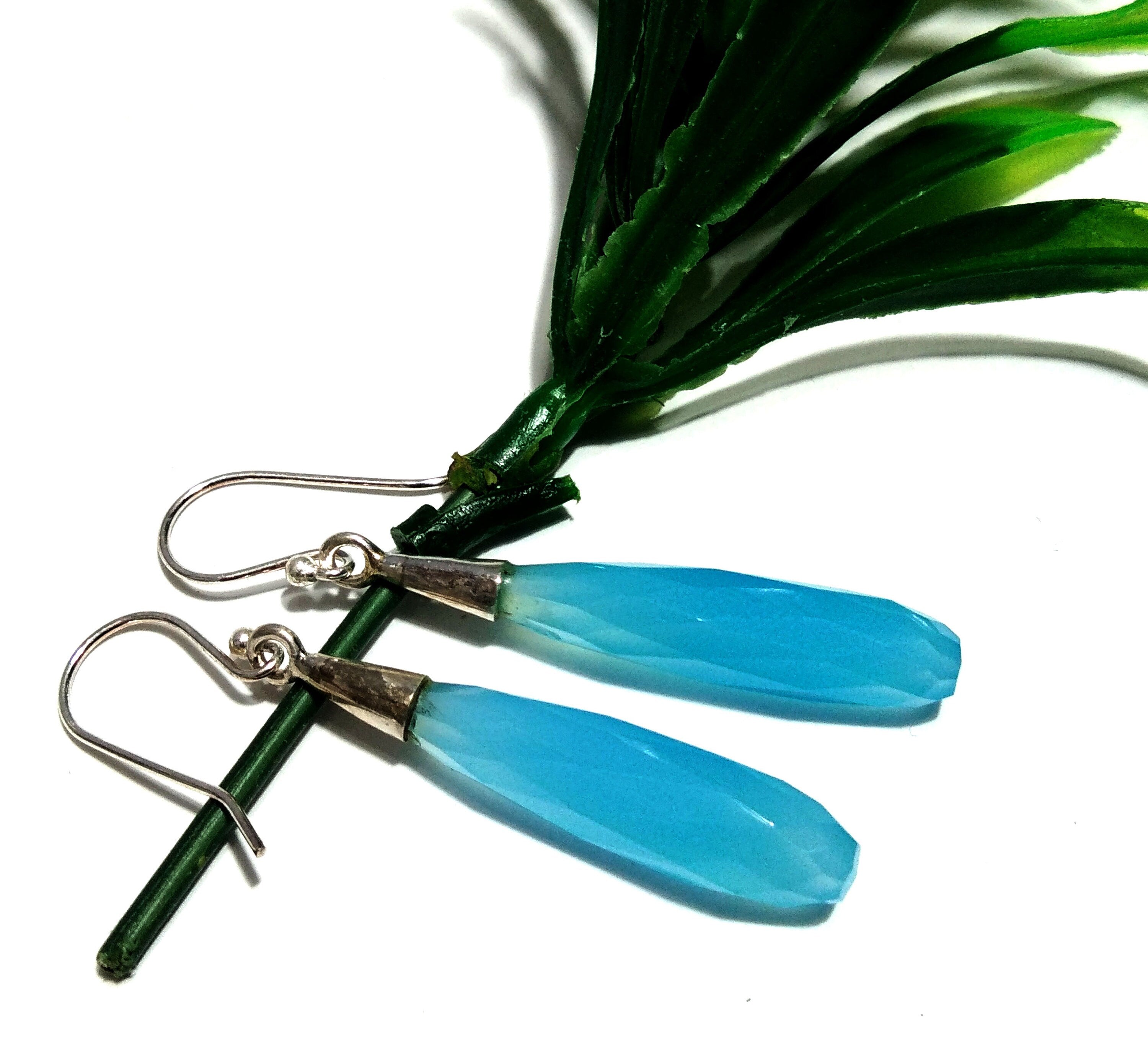 Beautiful Aqua Chalcedony Earring Gemstone, 925 Solid Starling Silver Earring Jewelry Stone Size 25x7 mm Natural Chalcedony For Gift Earring